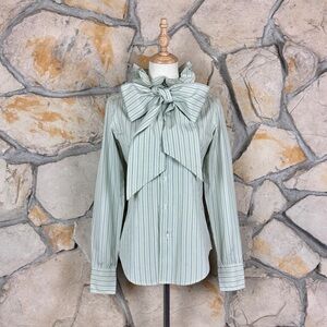 Ralph Lauren Sport Ruffled Tie Neck Shirt Pistachio Stripe | 14